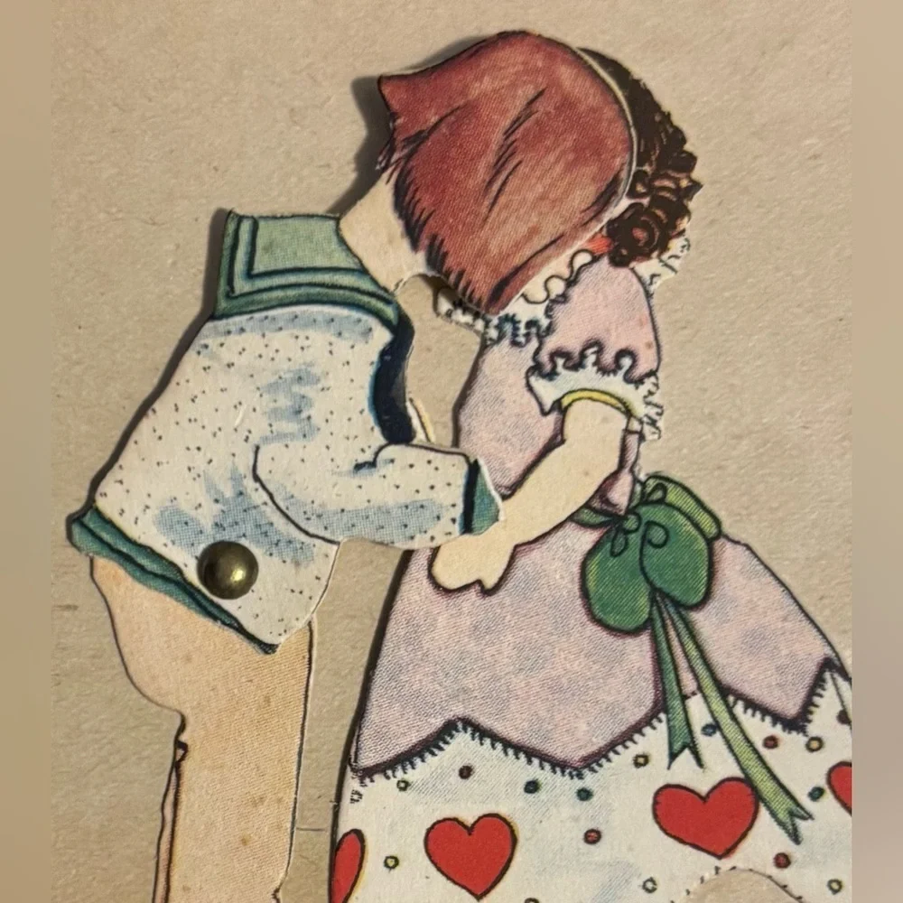 Vintage Valentines Day Stand Up Card Dancing Box Girl Movable Surprise Kiss